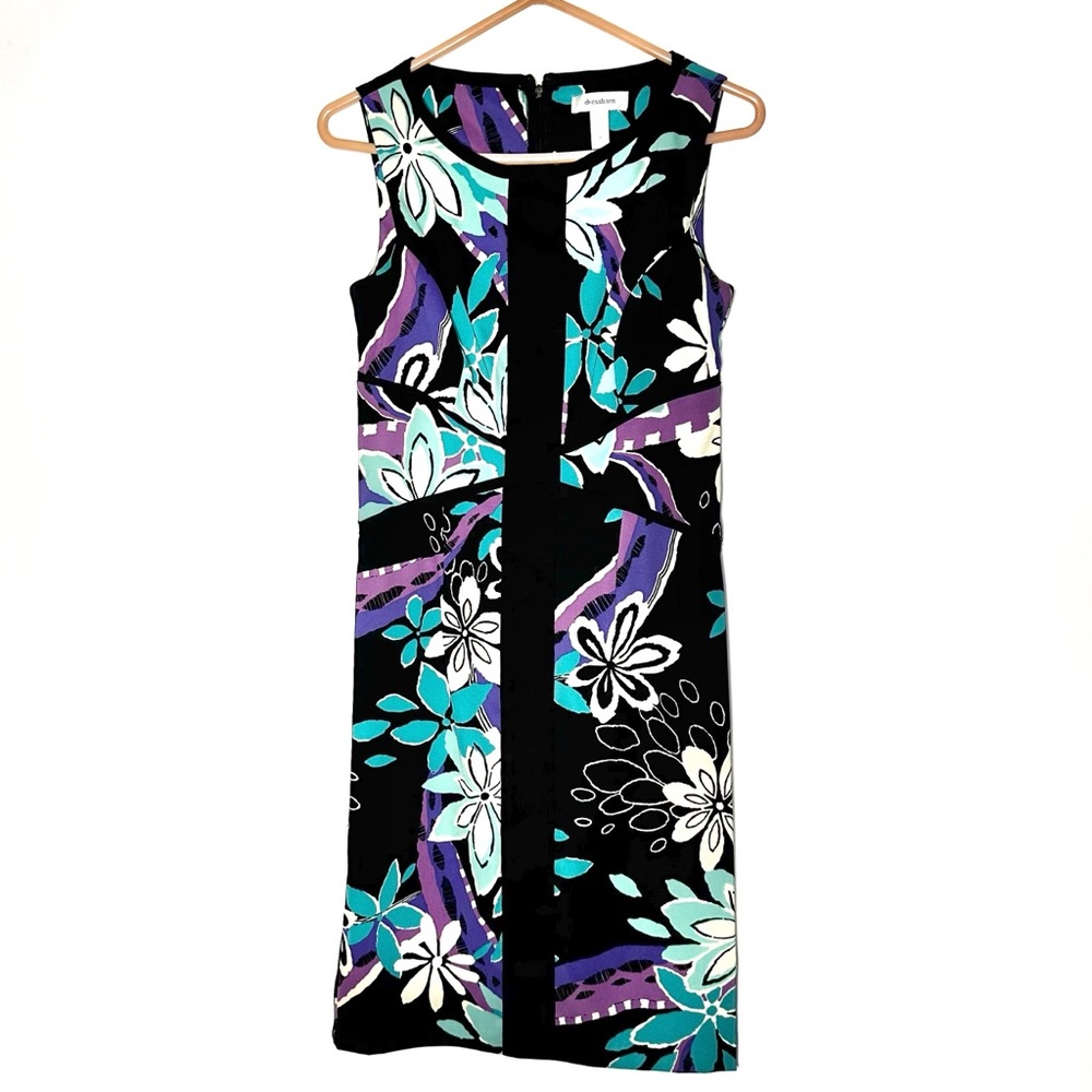 Vtg Dressbarn Floral Design Dress Sz S 4 Polyester Black Purple Sleeveless
